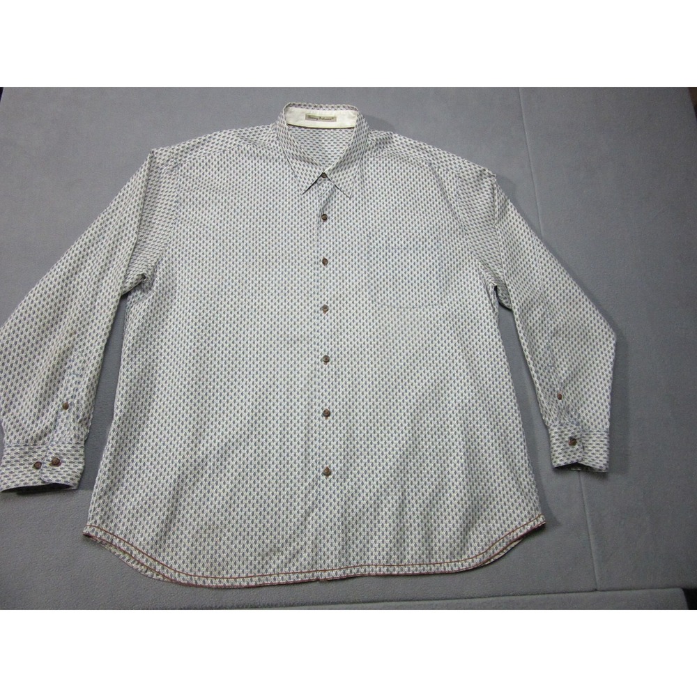 Tommy Bahama Shirt Mens 2XL Blue Geometric Silk Blend Long Sleeve Button Up